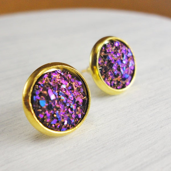 Fuchsia Faux Druzy Stud Earring, 10mm Druzy Stud, Gold Silver Setting, Purple Druzy Cabochon, Gold Stud Earrings, Glitter Stud Earrings