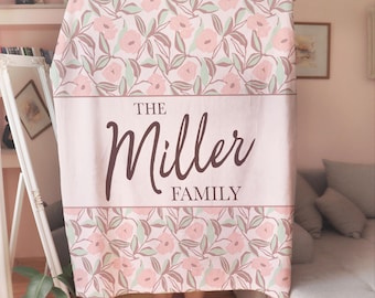 Personalized Family Name Blanket: Pink Floral Wedding Gift