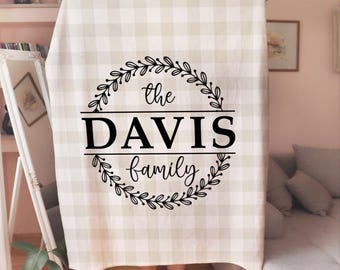 Family Name Blanket Neutral Plaid, Personalized Family Name Blanket, Housewarming Gift, Wedding Anniversary Gift, Last Name Initials Blanket