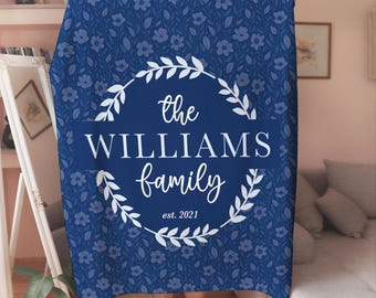 Blue Family Name Blanket Personalized, Custom Last Name Blanket, Grandparent Mom Wedding Gift, Family Monogram Blanket, Cyber Monday