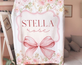 Pink Floral Coquette Personalized Name Fleece Blanket, Pink Floral Bow Theme Custom Blanket, Girly Bow Name Blanket, Girl Nursery Blanket