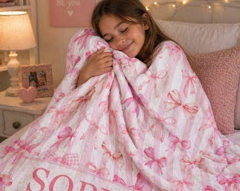 Pink Bow Personalized Name Fleece Blanket, Girly Pink Bow Theme Custom Blanket, Girly Bow Name Blanket, Girl Nursery Blanket, Pink Stripe