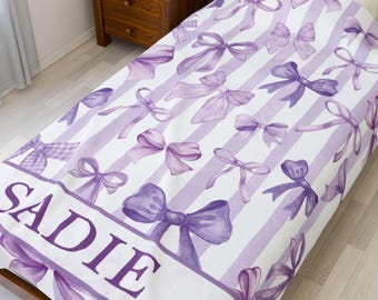 Purple Bow Personalized Name Fleece Blanket, Girly Pink Bow Theme Custom Blanket, Girly Bow Name Blanket, Girl Nursery Blanket