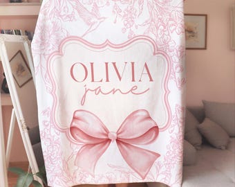 Pink Toile Bow Personalized Name Fleece Blanket, Girly Coquette Pink Bow Theme Custom Blanket, Girly Bow Name Blanket, Girl Nursery Blanket