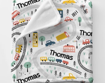 Vehicle Personalized Name Blanket, Toy Cars Trains Personalized Blanket, Boy Personalized Name Blanket, Car Train Nursery Customizable
