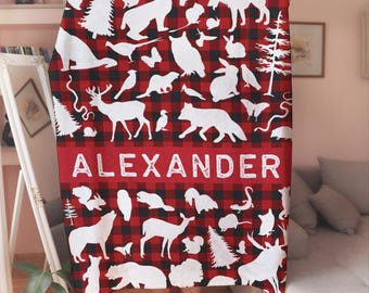Red Forest Animal Personalize Blanket | Cozy Woodland Throw | Rustic Cabin Decor | Deer, Bear & Fox Blanket | Buffalo Plaid Gift