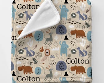 Personalized Boy Animals Fleece Blanket, Woodland Animal Blanket, Boy Nursery Blanket Personalized, baby zoo Customizable Blanket
