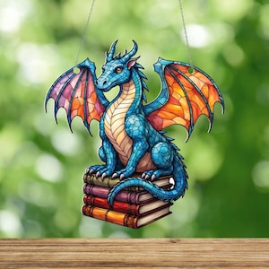 Dragon Stained Glass Suncatcher, Fantasy Book Lover Decor, Bookish Art Suncatcher, Mystical Window Hanging, Gift for Readers