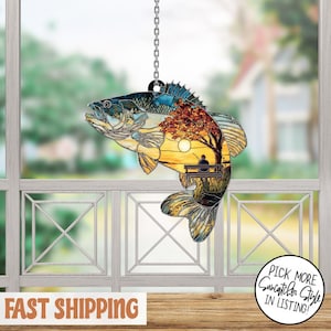 Sonnenuntergang Fischer Acryl Suncatcher - Glasmalerei-Fensterbehang mit Bass Fish Silhouette und See-Szene, Geschenk für Naturburschen
