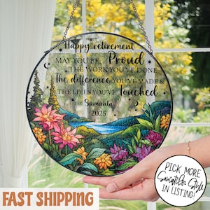 Personalized Retirement Stained Glass Suncatcher, Floral Window Hanging Gift, Custom Retirement Keepsake for Coworker or Friend