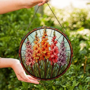Colorful Gladiolus Flower Glass Suncatcher, August Birth Flower Suncatcher, Gladiolus Flower Window Hangings, Gladiolus Flower Lovers Gift