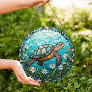 Floral Turtle Stained Glass Suncatcher, Sea Turtle and Flowers Window Hanging, Turtle Lovers Gift, Ocean Animal Lover Home Decoration