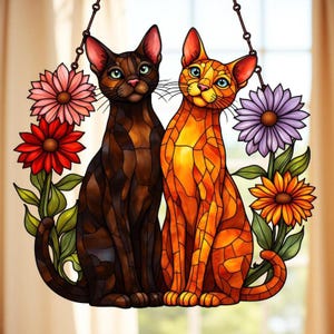 Couple Cat Suncatcher, Cute Cat Lover Acrylic Window Hanging, Floral Cat Mom Wall Window Hanging, Cat Art Decoration, Pet Lover Home Decor