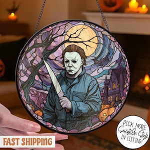 Masked Horror Stained Glass Suncatcher, Creepy Sunset Round Window Hanging, Halloween Slasher Decor, Horror Movie Fan, Horror Movie Art