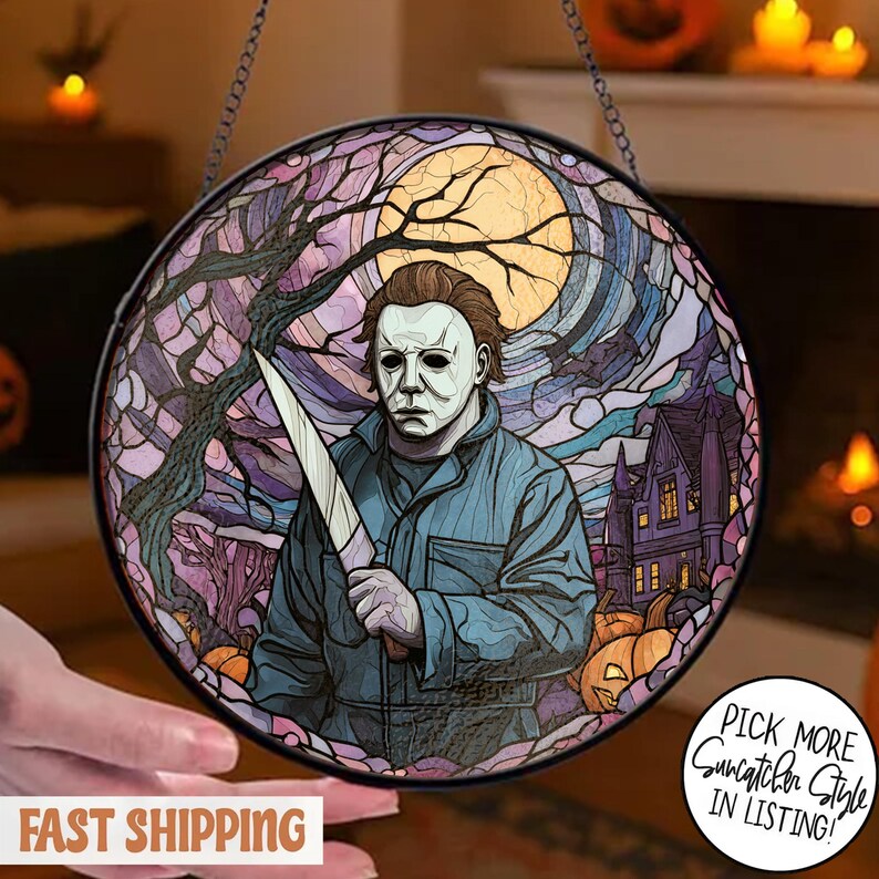 Slasher Breaking Through Window Masked Horror Stained Glass Suncatcher, Creepy Sunset Round Window ...