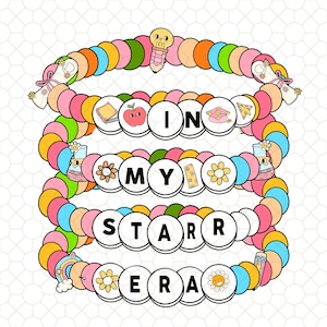 May include: A colorful beaded bracelet with the words "I'm in my star era" spelled out on it. The beads are decorated with various school-themed icons, such as pencils, apples, and graduation caps.
