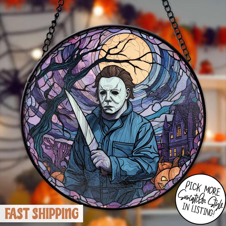 Masked Horror Stained Glass Suncatcher, Creepy Sunset Round Window ...