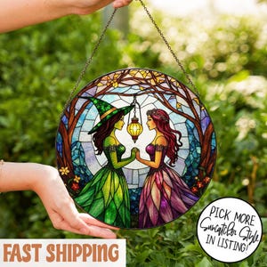 Wicked Stained Glass Suncatcher, Elphaba And Glinda Suncatcher, Defying Gravity Wicked Window Hanging, Changed For Good Wicked Home Decor