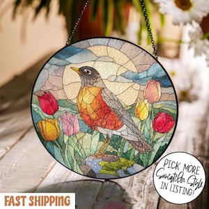 Robin Bird Stained Glass, Michigan Bird Flower Natural Art, Anniversary Gift Birthday Gift For Mom Grandma Gardening Lover Gift