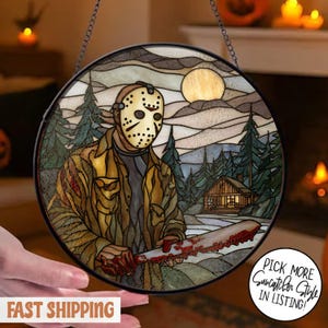 Masked Horror Stained Glass Suncatcher, Creepy Sunset Round Window Hanging, Halloween Slasher Decor, Horror Movie Fan, Horror Movie Art