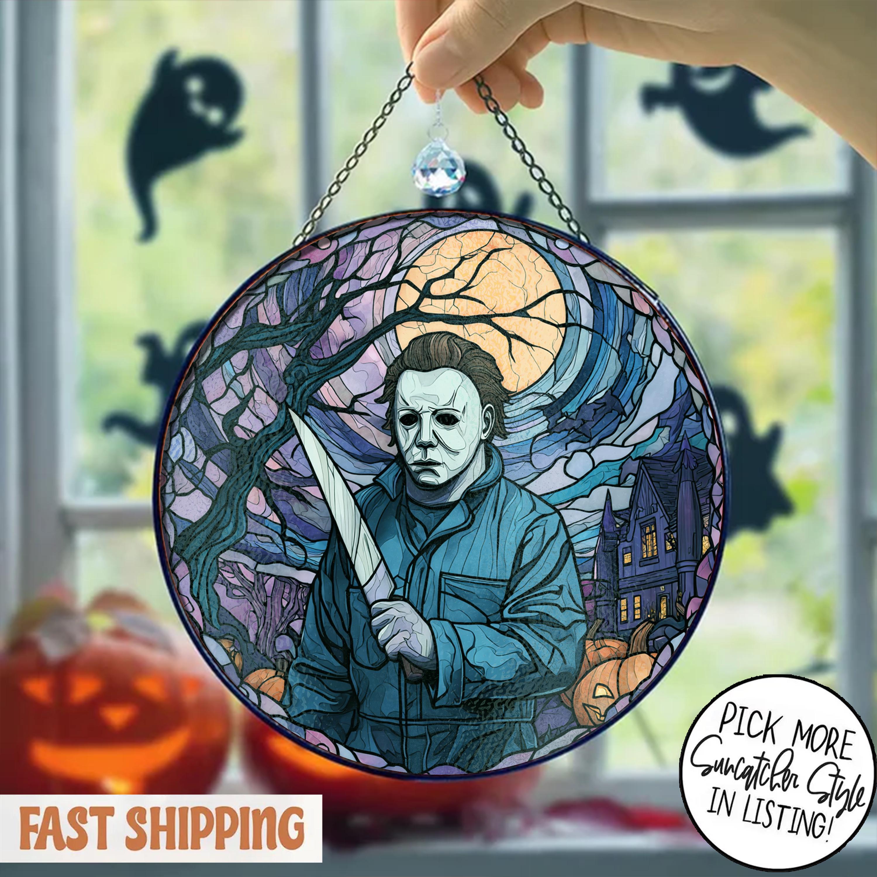 Masked Horror Stained Glass Suncatcher, Creepy Sunset Round Window ...