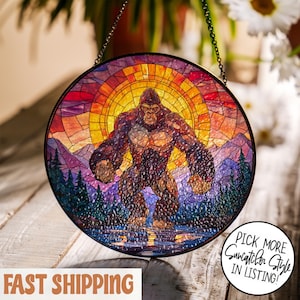 Bigfoot Stained Glass Suncatcher, Sasquatch Suncatcher, Bigfoot Window Hanging, Wildlife Scenic Art Wall Decor, Bigfoot Lover Gifts
