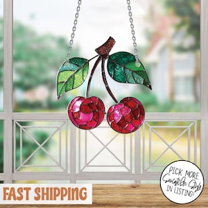 Cherry Disco Ball ACRYLIC Suncatcher – Mosaic Faux Stained Glass Twin Cherries Window Hanging, Fun Retro Fruit Decor for Kitchen Party Lover