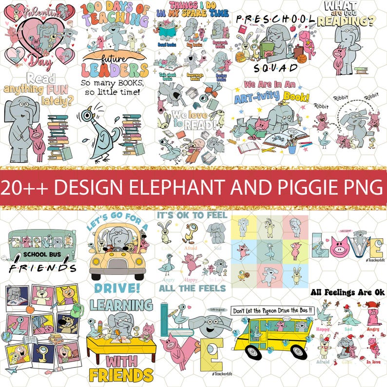 Bundle Elephant and Piggie Png, Back to School Png, First Day of School ...