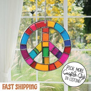 Peace Sign Stained Glass, Power Peace Sign Suncatcher, Stained Glass Peace Sign Hanging, Peace Sign Suncatcher Glass, Modern Suncatcher