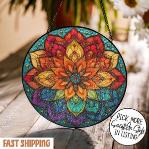 Mandala Painted Stained Glass Suncatcher, Window Hanging Decor, Outdoor Sun Catcher Decor, Geometric Mandala Wall Decor