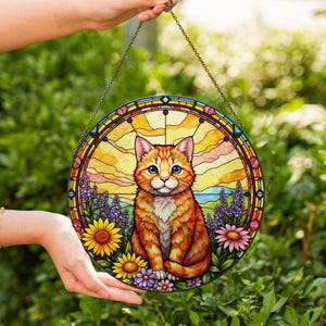 Tabby Cat Glass Suncatcher, Orange Poppies and Cat Suncatcher, Tabby Cat Hanging Window, Unique Cat Lover Gift, Flowers Field Suncatcher