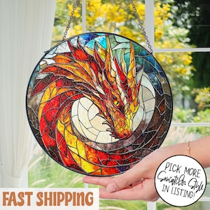 Dragons Stained Glass Suncatcher Ornament, Window Hanging Decor, Dragon Wall Art, Gift for Dragon Lover, Bookish Home Decor, Librarian Gifts