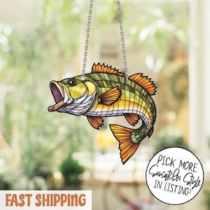 Bass Fish Suncatcher, Buntglasfensterbehang mit spritzender Fischszene, Lake Cabin Decor oder Geschenk für Fischer,Bass Acryl Suncatcher