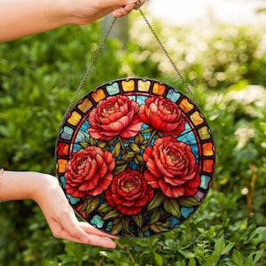 Rose Bouquet Stained Glass Suncatcher, Style Wall and Window Decoration, Special Gifts for Women, Rose Flowers Gifts, June Birthday Gift