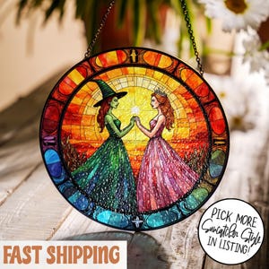 Wicked Stained Glass Suncatcher, Elphaba And Glinda Suncatcher, Witches of Oz Window Hanging, Changed For Good Wicked Home Decor