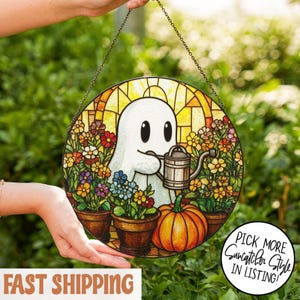 Cute Ghost Greenhouse Stained Glass Suncatcher, Halloween Ghost Window Hangings, Plant Lovers Gift, Halloween Home Decor, Gift For Her