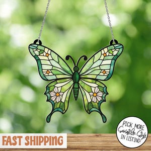Green Floral Butterfly Acrylic Suncatcher, Butterfly Monarch Faux Acrylic Window Hanging, Natural Lover Gifts, Green Butterfly Suncatcher