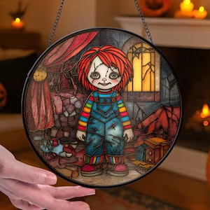 Cute Chuckyyy Halloween Suncatcher, Horror Baby Doll Window Hanging, Spooky Fall Decor, Scary Movie Gift, Creepy Cute Ornament