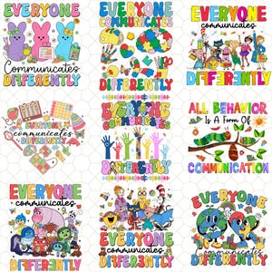 Puede incluir: Una colección de diseños gráficos coloridos con el texto "EVERYONE COMMUNICATES DIFFERENTLY". Los diseños presentan varias ilustraciones, incluyendo personajes de dibujos animados, manos y piezas de rompecabezas, promoviendo la inclusión y la comprensión.