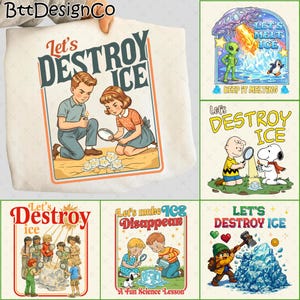 May include: A collection of retro-style illustrations with the theme "Let's Destroy Ice." The designs feature children, aliens, and cartoon characters interacting with ice cubes. The color palette includes blues, greens, and oranges, with text overlays.