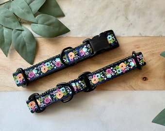 3/4" Navy Floral Medium Dog Collar