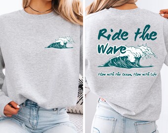 Vintage Wave Ride Hoodie, Retro Ocean Surfing Sweatshirt, Beach Adventure Graphic Jumper, Boho Softstyle Fleece Pullover, Unisex Wave Design