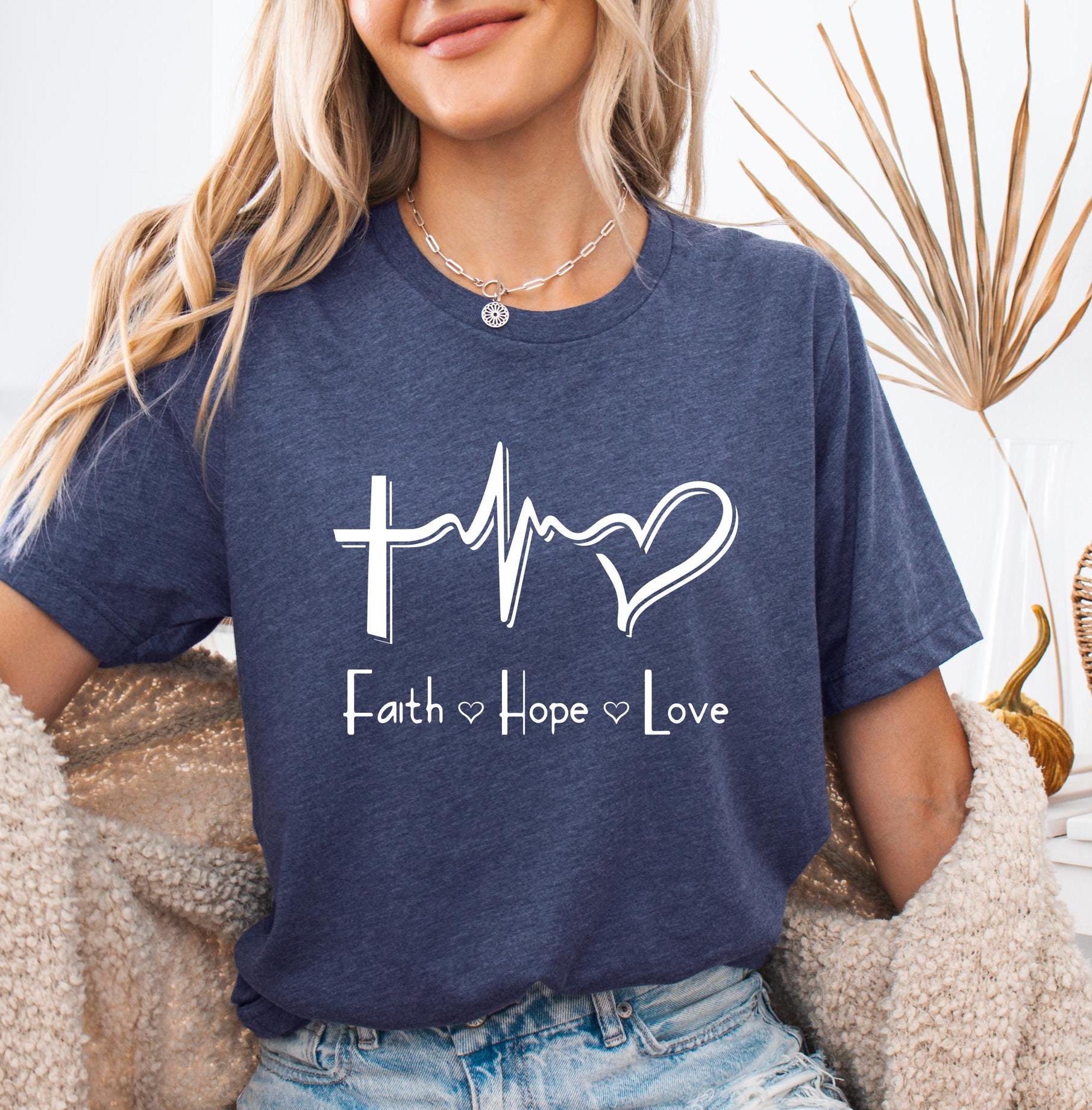 Faith Hope Love T-Shirt,Inspirational Christian Shirt, Religious Gift for Family,Faith-Based Apparel, Heartbeat Cross Tee,Christian Clothing