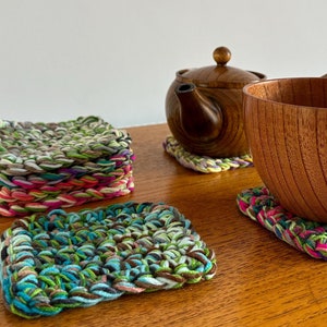 Vibrant Handmade Crochet Coasters | Home decor | Multicolour Square Coasters | EcoFriendly | Housewarming gift | Boho Coasters |Vintage Home