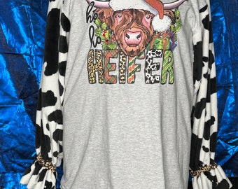 Christmas hairy cow tshirt with vinyl graphic and cowhide fabric sleeves