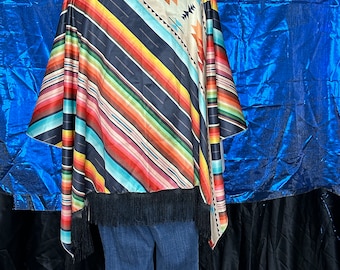 Santa Fe pattern fabric fringed poncho