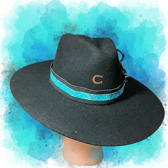 Handmade Black Suede Hat Band, Faux Turquoise & Feather  display picture 1