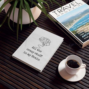 Può includere: Un taccuino bianco con il testo "All the crazy stuff in my Brain" e un'illustrazione del cervello. Una tazza di caffè e una rivista di viaggi sono su una superficie di legno scuro.