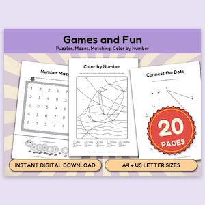 Könnte beinhalten: Eine Sammlung druckbarer Arbeitsblätter mit dem Titel Games and Fun, bestehend aus einem Zahlenlabyrinth, einem Malen-nach-Zahlen-Segelboot und einer Punkt-zu-Punkt-Seite. Das Set umfasst 20 Seiten in den Formaten A4 und US Letter.