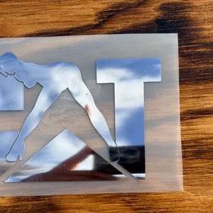 Puede incluir: Calcoman&iacute;a plateada con la palabra "CAT", donde la letra "A" es reemplazada por una silueta estilizada de una persona en posici&oacute;n de yoga. La calcoman&iacute;a est&aacute; sobre un respaldo transparente.